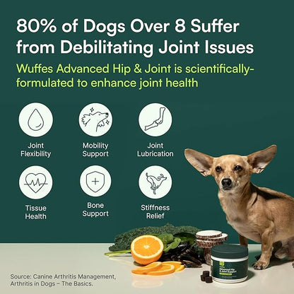 Wuffes Advanced Dog Hip and Joint Supplement with Glucosamine, Chondroitin, Omega 3, MSM, and Green Lipped Mussel, 60 Pork Flavored Chews for Small and Medium Dog Breeds