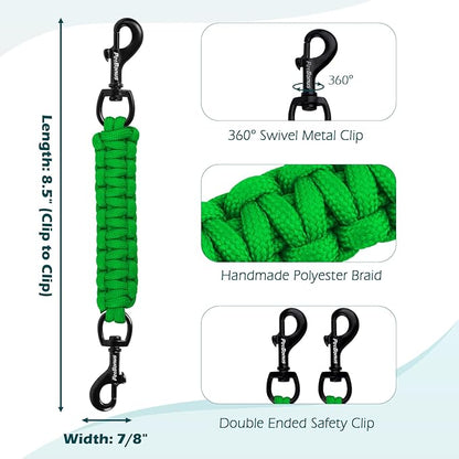 PetBonus Dog Collar Safety Clip, Handmade Backup Safety Strap for Dog Harness, Prong, Pinch Collar, Double Ended Clasp Leash Connector (Green)