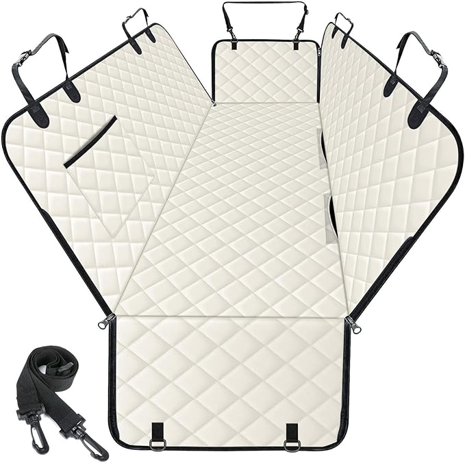 NECKORY Waterproof Dog Car Seat Cover for Back Seat - Durable, Scratch Proof Pet Hammock with Nonslip Design & Storage Pockets, Fits Cars, SUVs, Trucks - L, Beige/Black