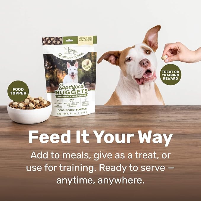 BADLANDS RANCH Superfood Nuggets – Freeze-Dried Raw Dog Treat & Food Topper, Nutrient-Dense Beef Tripe & Kale Formula, High Protein, No Artificial Additives, 8oz Bag