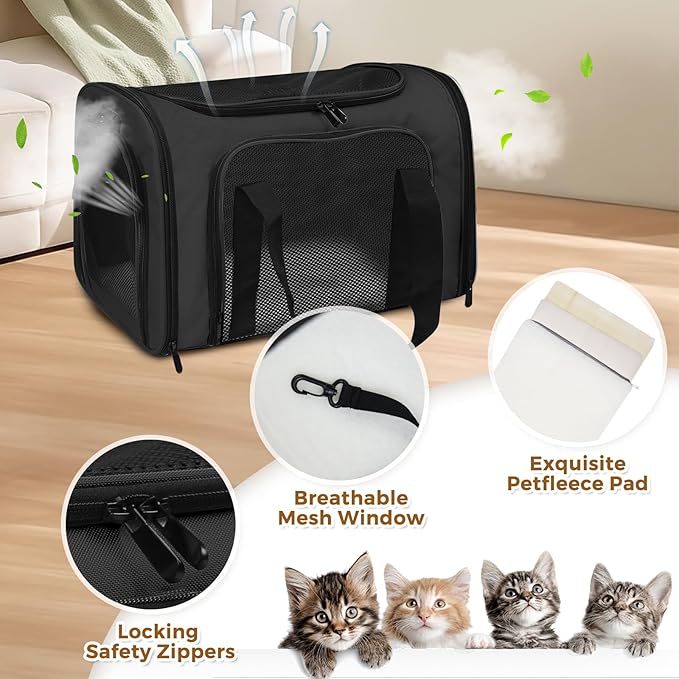 FOORLON Cat Carrier Soft for Pets Up to 15 Lbs, Cat Travel Bag Soft-Sided with Padded Shoulder Strap, Pet Dog Carriers for Small Dogs Travel Puppy Carry Airline Approved, Black