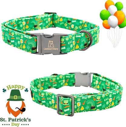 Lionheart glory Dog Collar, Cotton, Lucky Clover & Beer, Adjustable, XS-XL, Handmade Bow, for Small Dogs