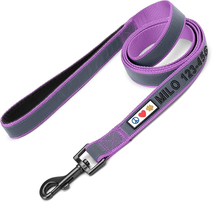 Pawtitas Personalized Orchid Dog Leash 6 ft Custom ID Lead for Dogs & Puppies Reflective Comfortable Padded Handle Embroidered Name & Phone Number