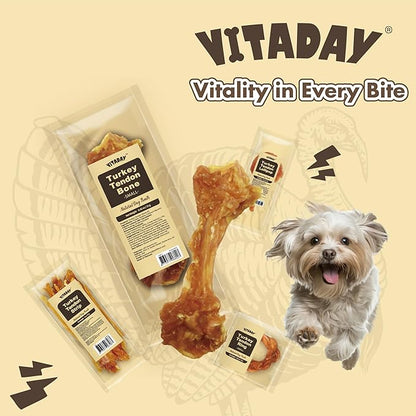 VITADAY Turkey Tendons for Dogs, All Natural, Healthy Dog Treats, Long Lasting, Hypoallergenic Dog Chews, Rawhide Free, USA-Sourced, for Small Dogs, Bone (S), 4 Count Pack