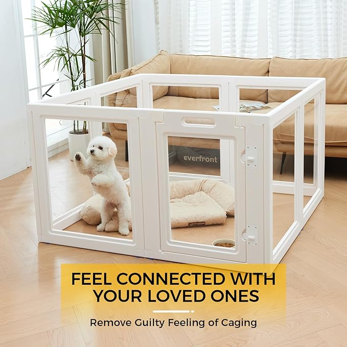 EVERFRONT Clear Acrylic Plastic Dog Playpen - Clear Dog Play Pen - Easy Assemble Acrylic Dog Playpen - Puppy Playpen, Cat Playpen, Small Animal Playpen, Dog Play Pen Indoors (White, 30.3" H, 8PCS)