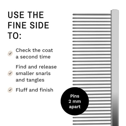 Eye Envy ProGlide Detangling Comb for Dogs and Cats. Dual-sided 7.5” Greyhound-style comb with 30mm rounded teeth. Gentle on your pet, it glides through dense coats without damaging hair or skin.