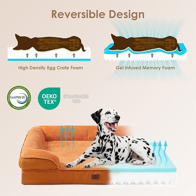 EHEYCIGA Orthopedic Dog Beds for Extra Large Dogs, Waterproof Memory Foam XL Pet Bed with Sides, Non-Slip Bottom and Egg-Crate Foam Big Dog Couch Bed with Washable Removable Cover,Pumpkin Orange