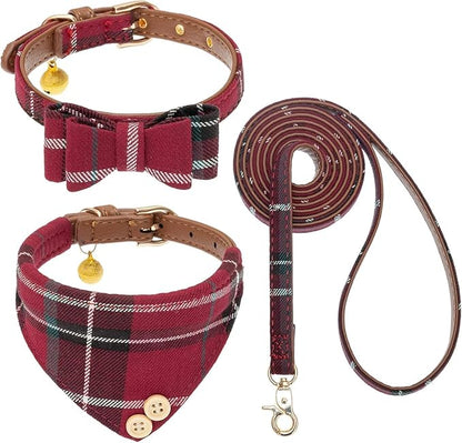 KOOLTAIL Small Dog Collar and Leash Set with Bowtie and Bells - Cute Puppy Bandana Collar and Leash for Female with Classic Plaid Pattern,Soft Leather Tangle Free Leashes for Small Dogs Boys Girls,Red