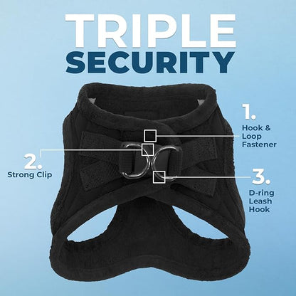 Best Pet Supplies - All Weather Plush, Reflective, No Pull Harness for Small, Medium Dogs, Cats - Secure with Hook & Loop Fastener, Buckle, Double D-Rings - Black Plush, XS
