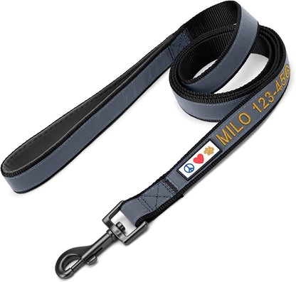 Pawtitas Personalized Black Dog Leash 6 ft Custom ID Lead for Dogs & Puppies Reflective Comfortable Padded Handle Embroidered Name & Phone Number