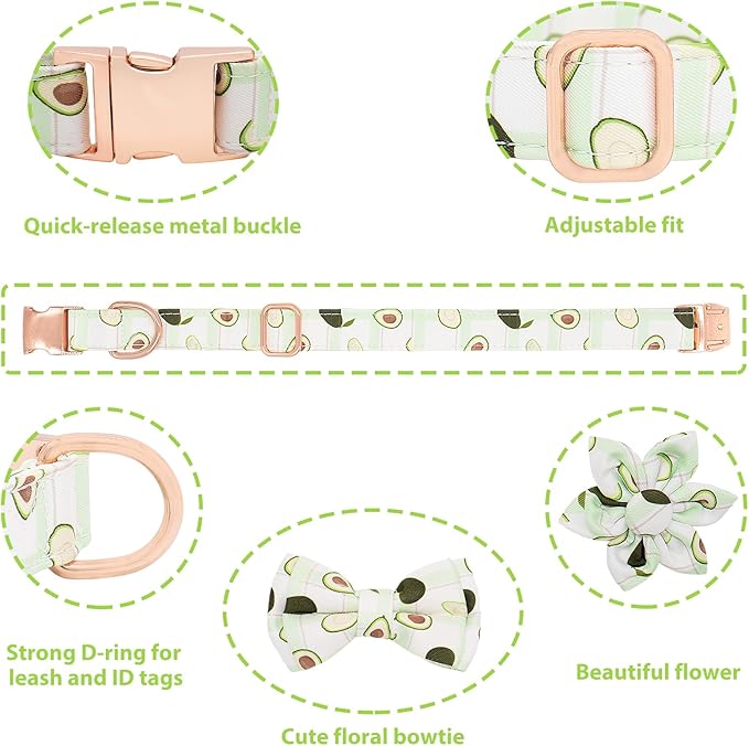 Dog Collar and Leash Set Adjustable Girls Puppy Floral Collars with Bow Tie for Small Medium Large Dogs(L, Avocado)