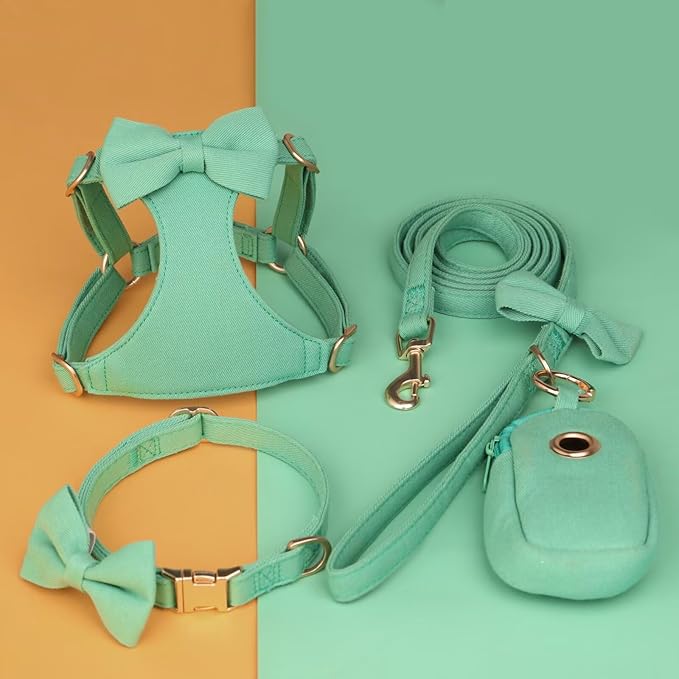Beirui Adorable Small Dog Harness Collar Leash Set,Cute Puppy Harness with 3 Bows for XS Dogs,Yorkie,Adjustable Step-in Vest for Walking,Parties&Holiday Outfits(Teal,XS)