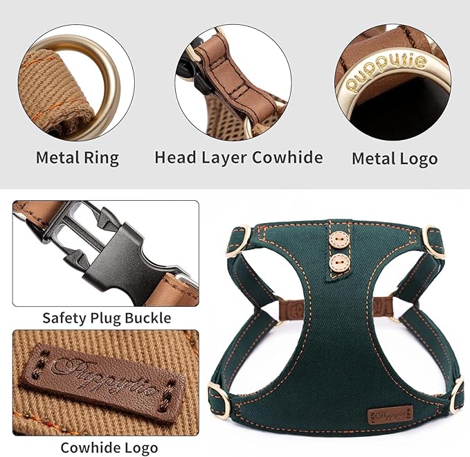 Dog Harness, No Pull Dogs Harness and Multi-Function Leash Set for Medium Dogs Easy Walk Everyday Adjustable Soft Dog Vest Harness Fashionable Dog Accessories Denim Vintage Green-Button-M(17lb-35lb)