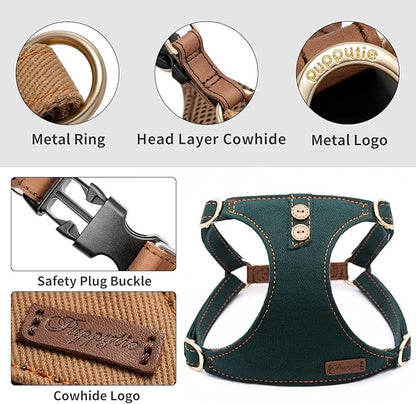Dog Harness, No Pull Dogs Harness and Multi-Function Leash Set for Medium Dogs Easy Walk Everyday Adjustable Soft Dog Vest Harness Fashionable Dog Accessories Denim Vintage Green-Button-Relaxed Medium