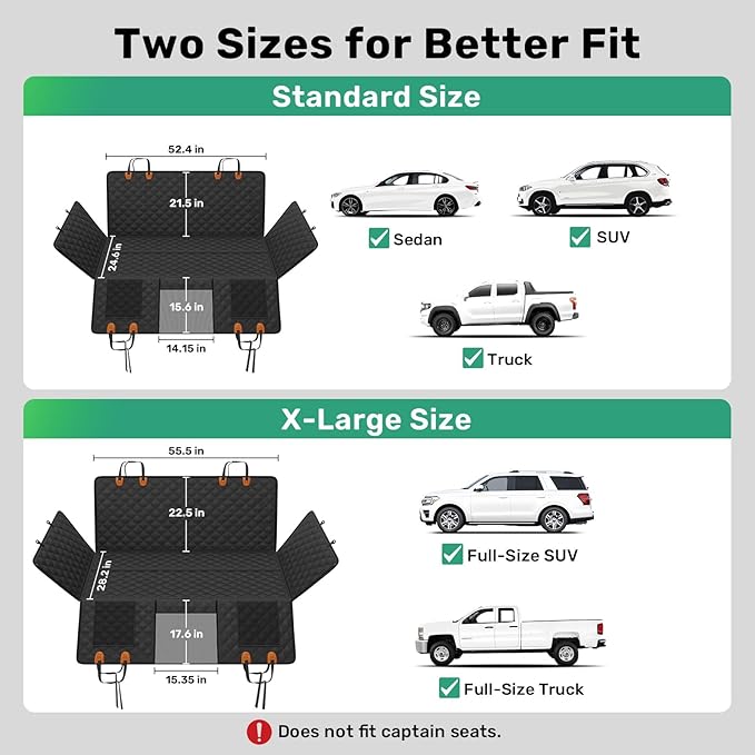 Zanch Heavy-Duty Dog Car Seat Cover, Flat Solid Back Seat Extender for Multi Large Dogs, Hard-Base Supports 450 lb, Waterproof Scrachproof Hammock Protector, Standard for Cars, SUV, Trucks, Green