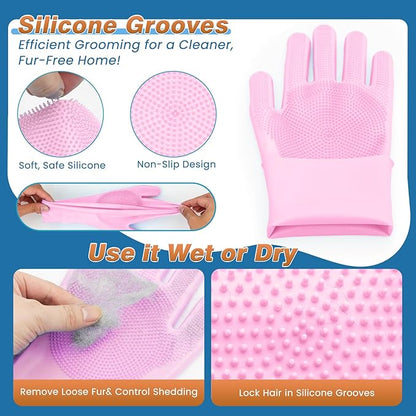 7-Piece Pet Grooming Kit with Storage Bag | Portable Bathing Set for Dogs & Cats | Includes Silicone Gloves, Deshedding Brushes & Finger Toothbrushes | All-in-One Pet Care (Pink)
