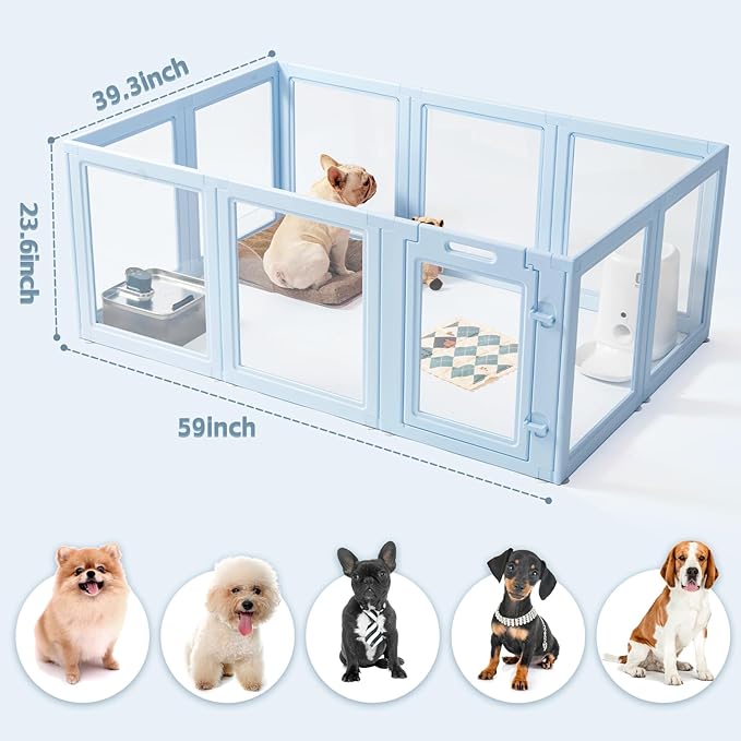 LoveTail DIY Clear Acrylic Dog Playpen House,Quick Easy Assembly and Disassembly,Strong Floor Suction,Indoor and Outdoor Use,Easy Cleansing Puppy Fence (Sky Blue, 23.6" H, 10PCS)
