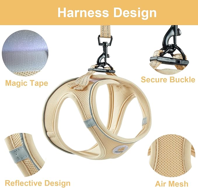 Hipubby Dog Harness and Leash Set, No Pull Soft Mesh Puppy Harness for Small Medium Dogs, Cats - Step in Reflective Breathable Lightweight Vest Harness for Walking, Training - Khaki, M