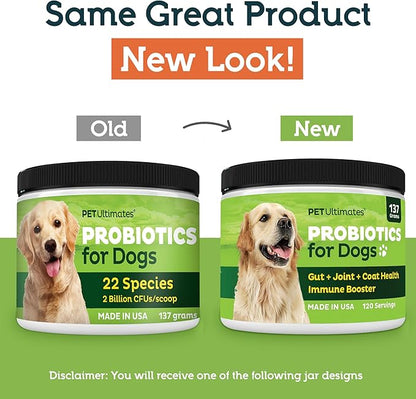 Pet Ultimates Probiotics for Dogs – 22-Species Dog Probiotics for Digestive Support & Antibiotics Recovery – Skin and Coat Supplement, Enhances Vitality – Dog Health Supplies (1 Pack)