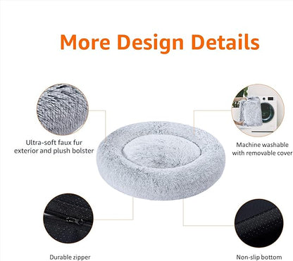 Amazon Basics Donut Pet Bolster Faux Fur Bed for Dog, Grey, 23" x 23"