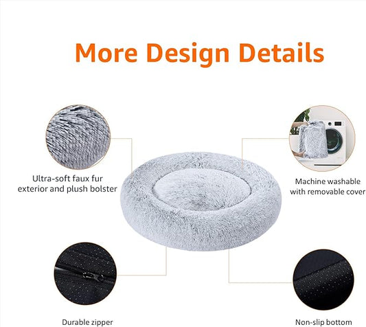 Amazon Basics Donut Pet Bolster Faux Fur Bed for Dog, Grey, 36" x 36"