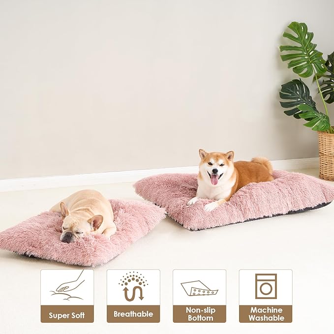 EHEYCIGA Fluffy Dog Crate Bed for Large Dogs, Plush Faux Fur Crate Pad, Calming Anti Anxiety Large Dog Bed, Washable Soft Warm Crate Mat with Non-Slip Bottom, Pink