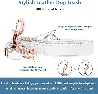 Soft Leather Dog Collar and Leash (6.6') Set - Stylish Rose Gold Heavy Duty Metal Buckle, 4 Adjustable Lengths Leash for Small Medium Large Dogs - Comfortable & Easy to Clean White M(13.8"-19.7")