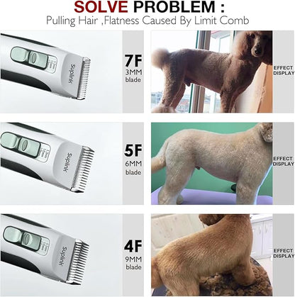 suplink Professional Dog Clippers for Thick Coats, Low Noise Cordless Grooming Clippers with Detachable Blades (1mm, 3mm, 6mm, 9mm), Rechargeable, Quiet Clippers for Sensitive Pets & Home Use