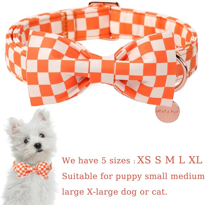 Fall Dog Collar with Bow Tie, Orange Plaid Bowtie Dog Collar, Autumn Bowtie Collars for Puppy Boy Girl Dogs, Comfortable Cotton Dogs Collars with Metal Buckle