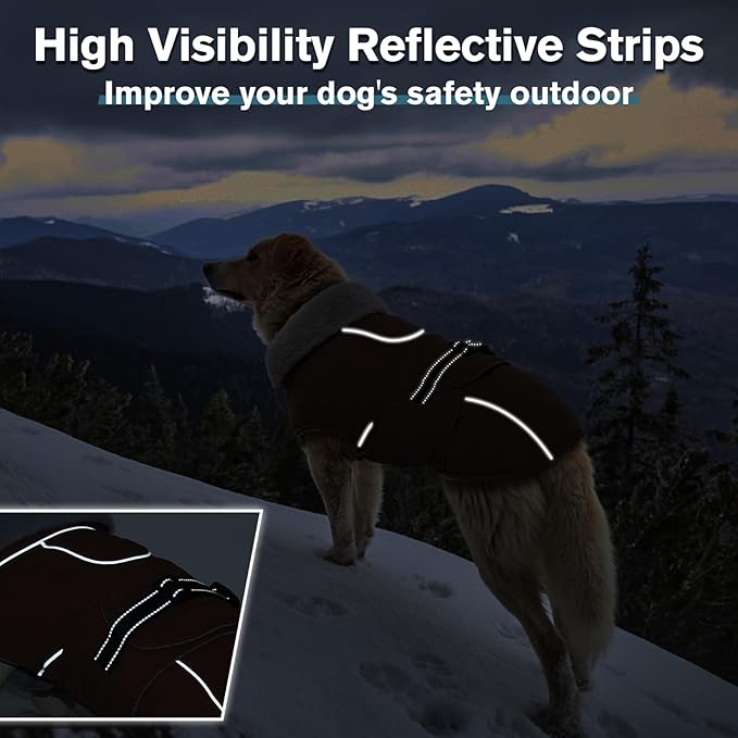 Lelepet Warm Dog Coats for Large Dogs Waterproof Dog Jacket Reflective Pet Fleece Vest Windproof Cold Weather Coats with Adjustable Buckle & Leash Hole, Brown, XXXL