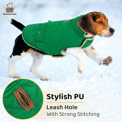 Queenmore Warm Dog Coat, Cold Weather Puffer Dog Coat Vest, Quilting Winter Pet Jacket Ultra Thick Plush Fleece Lining Pet Clothes for Dogs with Storage Pockets (Forest Green, Small)