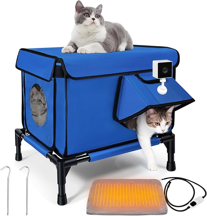 Heated Outdoor Cat House Weatherproof, Small/Large Insulated Cat House for Indoor, Winter Stray/Feral Cat Shelter (Blue Cat Shelter, Small-17×13"×12")