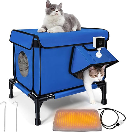 Heated Outdoor Cat House Weatherproof, Small/Large Insulated Cat House for Indoor, Winter Stray/Feral Cat Shelter (Blue Cat Shelter, Small-17×13"×12")