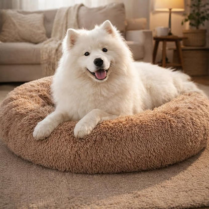 Dog & Cat Bed for Indoor Cats, 30in Calming Donut Pillow mat for Puppy and Kitten, Washable Cooling Round Fluffy Pet Nest for Small Medium Dogs and Cats, Brown
