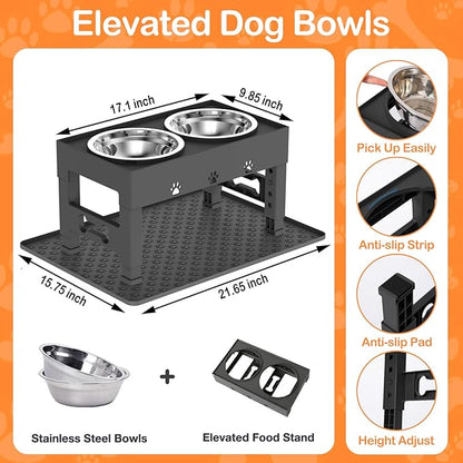 LAKIPETN Elevated Dog Bowls with Mat, Raised Dog Food Bowl Stand with 2 Stainless Steel Bowls, 5 Height Adjustable (3.1", 9", 10", 11", 12") Non-Slip Feeder Set for Medium and Large Dogs – Black