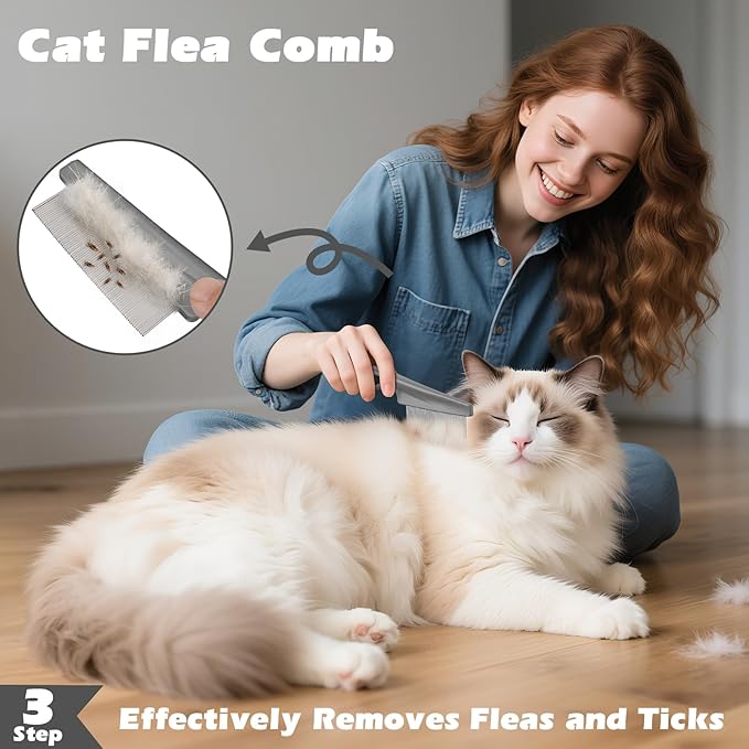 Comotech 3PCS Cat Grooming Supplies,Cat Brush & Nail Clipper/Trimmer & Flea Comb for Shedding Indoor Cats Dogs and Small Animals - Meet All Your Pet's Daily Grooming Needs - All in One Set (Grey)