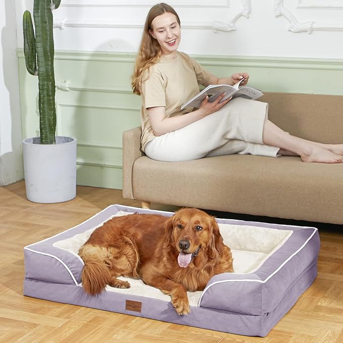 Comfort Expression Orthopedic Dog Bed for Large Dogs 38x25 Inch, Waterproof Supportive Egg Crate Foam Large Pet Bed with Removable Bolsters, Dog Couch with Washable Cover & Non-Slip Bottom, Purple