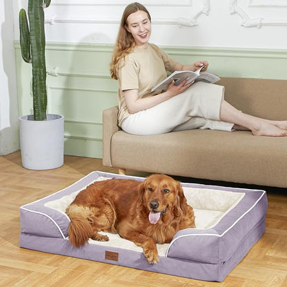 Comfort Expression Orthopedic Dog Bed for Large Dogs 38x25 Inch, Waterproof Supportive Egg Crate Foam Large Pet Bed with Removable Bolsters, Dog Couch with Washable Cover & Non-Slip Bottom, Purple