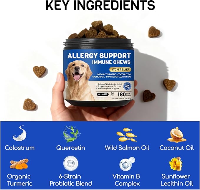 Dog Allergy Relief Chews - Dog Itching Skin Relief - 180 Chews - Anti-Itch, Hot Spots, Paw Licking - Immune Health - Omega 3 Fish Oil - Dry Itchy Skin and Coat Supplement