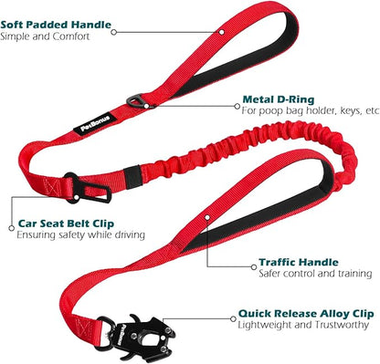 PetBonus Heavy Duty Tactical Dog Leash, 5 FT Bungee Shock Absorption Leash with 2 Padded Handles, Quick Release Metal Clip, Car Seatbelt, No Pull Training Lead for Large Medium Dogs（Red）