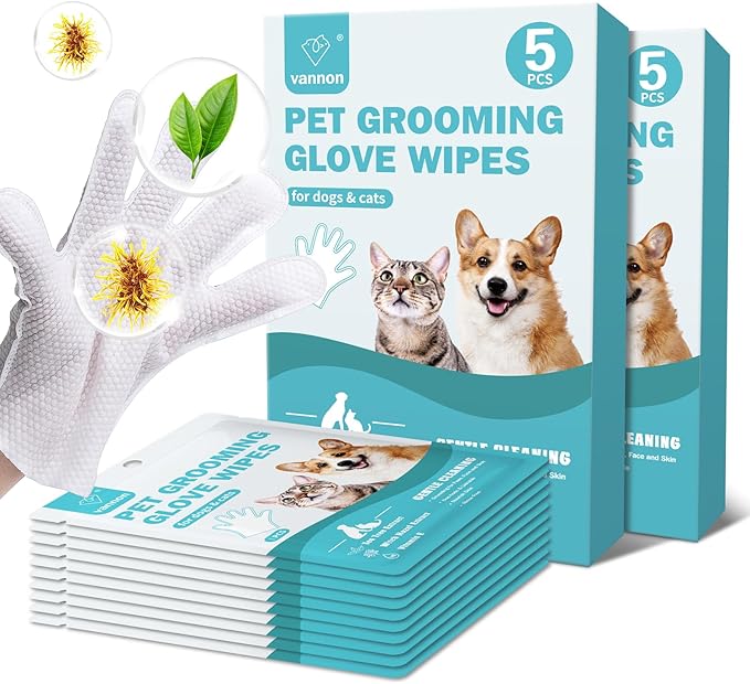 Vannon Portable Pet Bathing Wipes for Dogs & Cats, Cleaning & Odor-Controlling Extra Thick Grooming Glove Wipes for Daily Care and Traveling, Rinse Free, Nourish Fur, Individually Packaged, 10 PCS