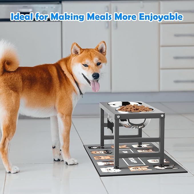 ADENGL Elevated Dog Bowls, 10" Tall Height, Raised Bowl Stand with 2 Stainless Steel Food Feeder Bowls (58oz) and Spill-Proof Mat for Medium Large and Small Breeds, Grey