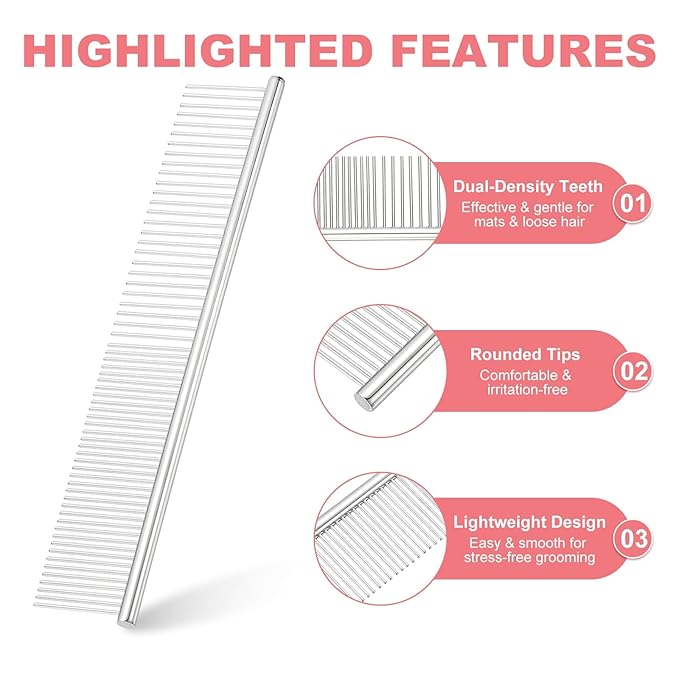 PETAXCELL Dog Cat Comb, Pet Combs Stainless Steel Teeth with Rounded Ends for Knots Mats Loose Hair Removal, 7.5IN (Silver, 3 Pack), Grooming Tool Intended for Long Curly Hair Pet