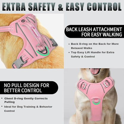 BARKBAY No Pull Dog Harness Large Reflective Dog Harness with Front Clip and Easy Control Handle for Walking Training Running with ID tag Pocket(Baby Pink,L)