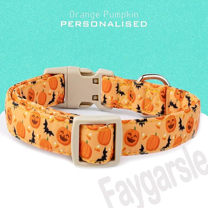 Faygarsle Halloween Dog Collar, Orange Pumpkin and Bat Pattern, Fall Festive Design for Small Medium Large Dogs L