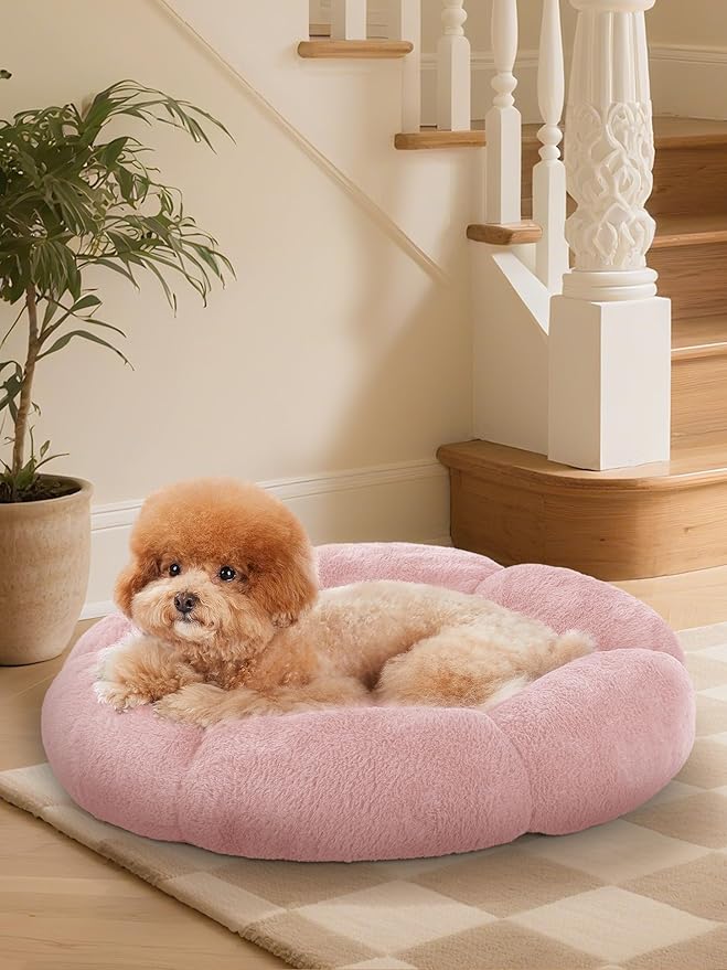 OhGeni 24 inches Calming Donut Dog & Cat Bed for Small Pets, Warming Comfort Fluffy Short Pile Fur, Durable Machine Washable, Cute Round Bed for Puppy and Kitten, Pink