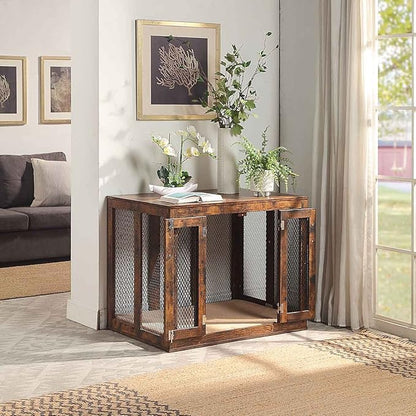 unipaws 38.5 Inch Large Dog Crate Furniture with Tray, Wooden Kennel Pet House Dog Cage with Door, Modern Decorative Dog Crate End Side Table Nightstand, Rustic