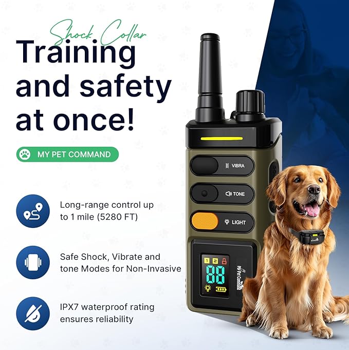 My Pet Command Long Range Dog Training Collar with Remote 1 Mile/5280 Ft Safe Shock, Vibrate, Tone, Flashing Beacon Lights, Rechargeable Waterproof Collar device, add up to 2 Collars. Xtra Remote only
