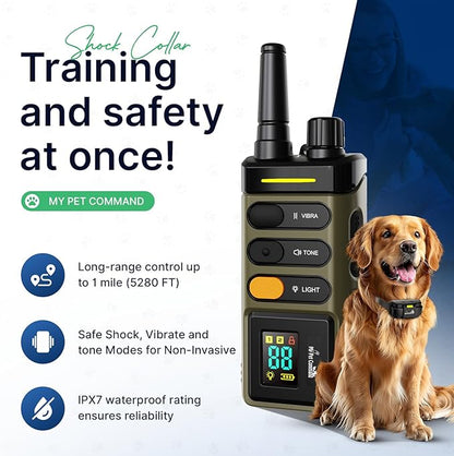 My Pet Command Long Range Dog Training Collar with Remote 1 Mile/5280 Ft Safe Shock, Vibrate, Tone, Flashing Beacon Lights, Rechargeable Waterproof Collar device, add up to 2 Collars. Xtra Remote only