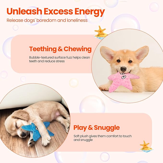 HGB Squeaky Dog Toys - Starfish No Stuffing Crinkle Plush Dog Toys for Small Medium Breeds, Puppy Toys to Keep Them Busy & Puppy Teething Chewing for Anxiety Relief and Fetch Training, 2 Pack